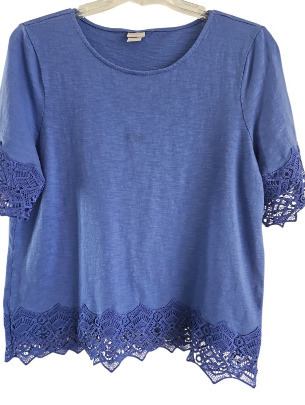 Chico's 3 Short Sleeve Top Blue Size 16 / XL Lace Trim Pullover